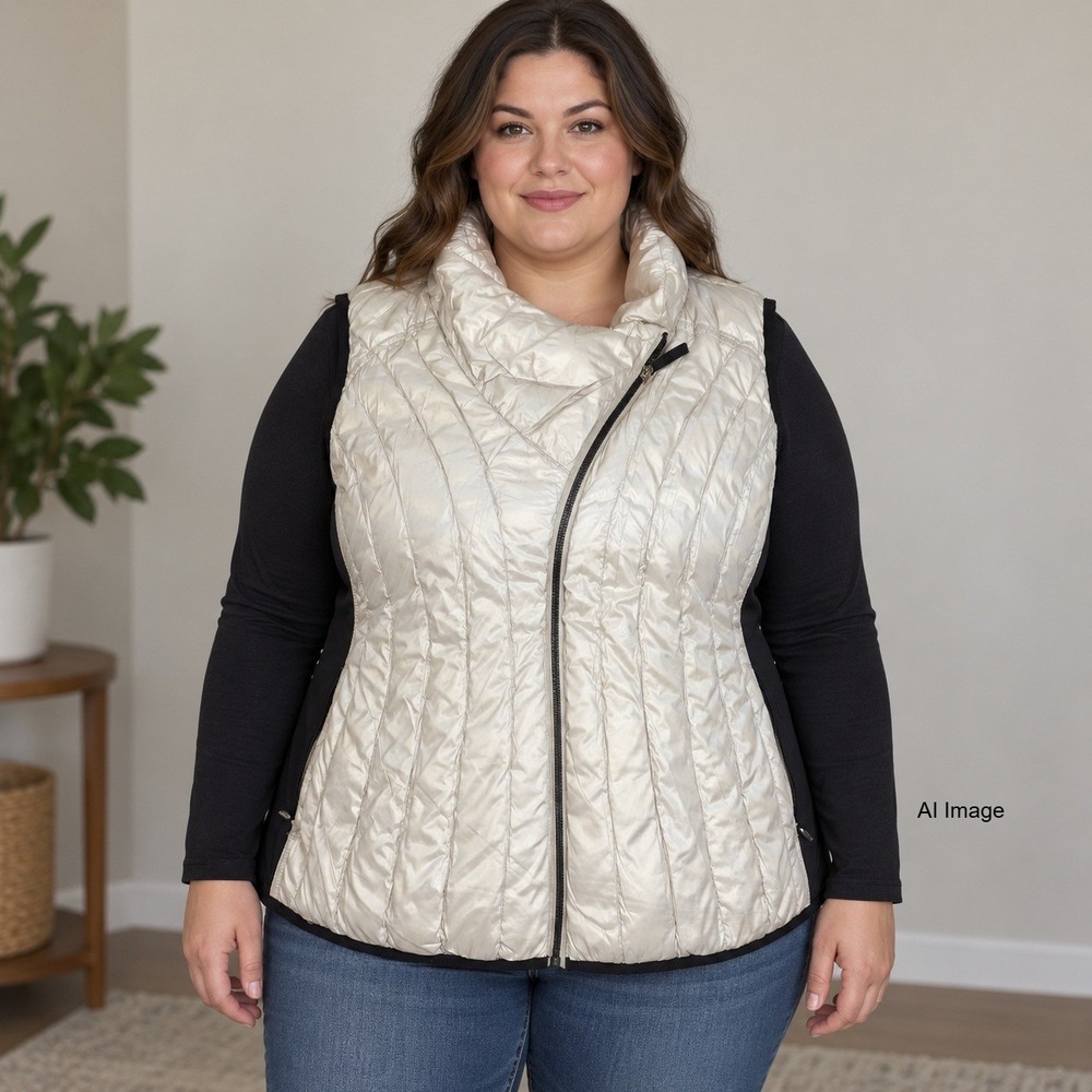 Calvin Klein Performance Down Puffer Vest Women 1X Metallic SilverAsymmetric Zip